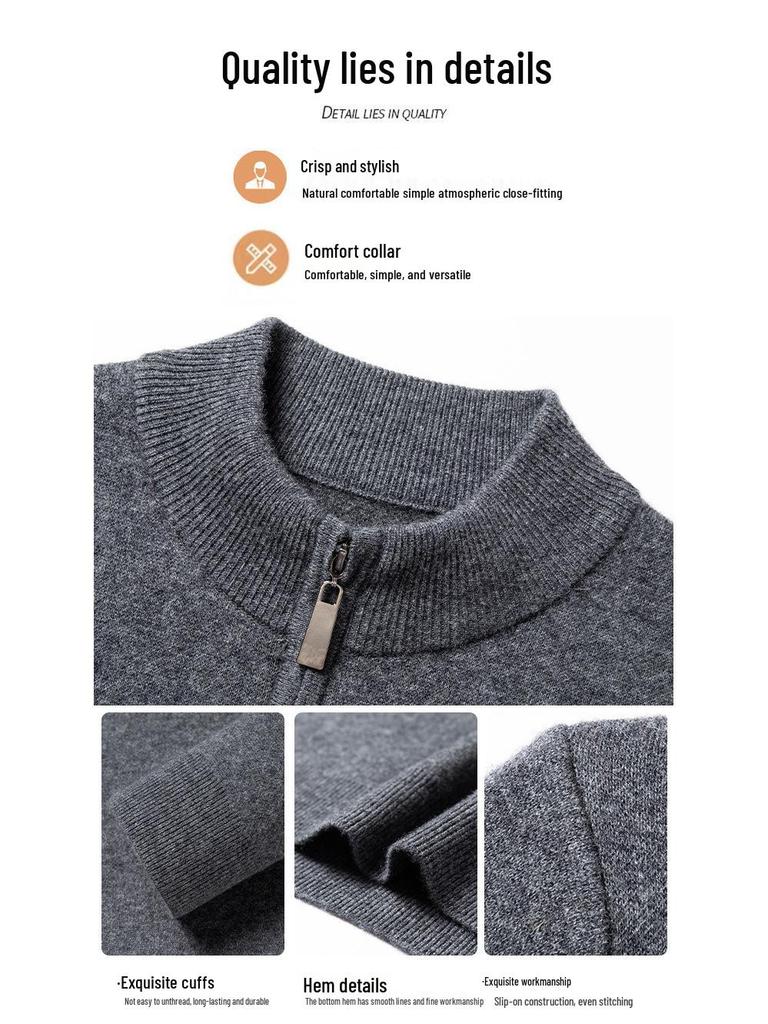Men's 100% Pure Wool Half-Zip Thickened Sweater, High-End Solid Color Knitwear for Autumn/Winter