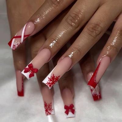 Gradient Snowflake Rhinestone Bow Christmas Nail Art - European & American Style False Nails