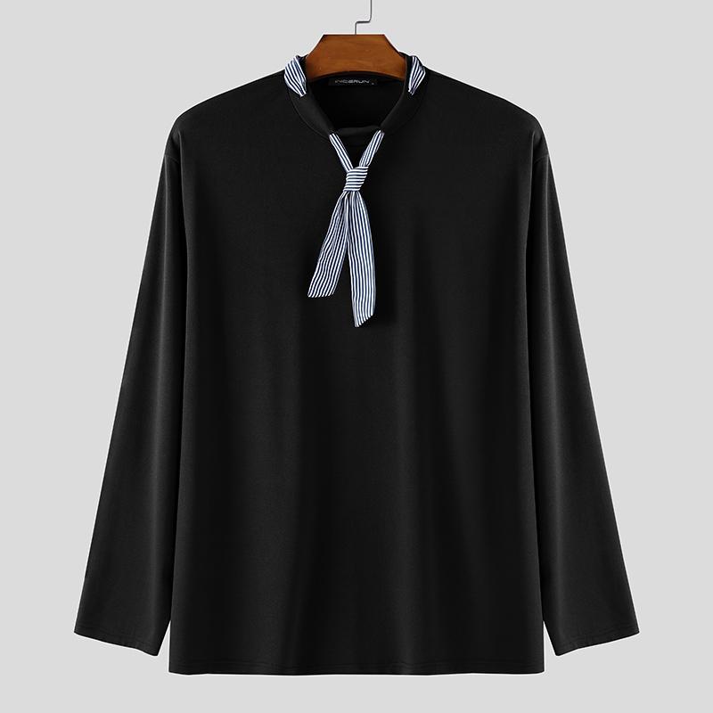 INCERUN Spring Men Striped Tie Long Sleeve Casual Loose Pullover T-shirts Tops