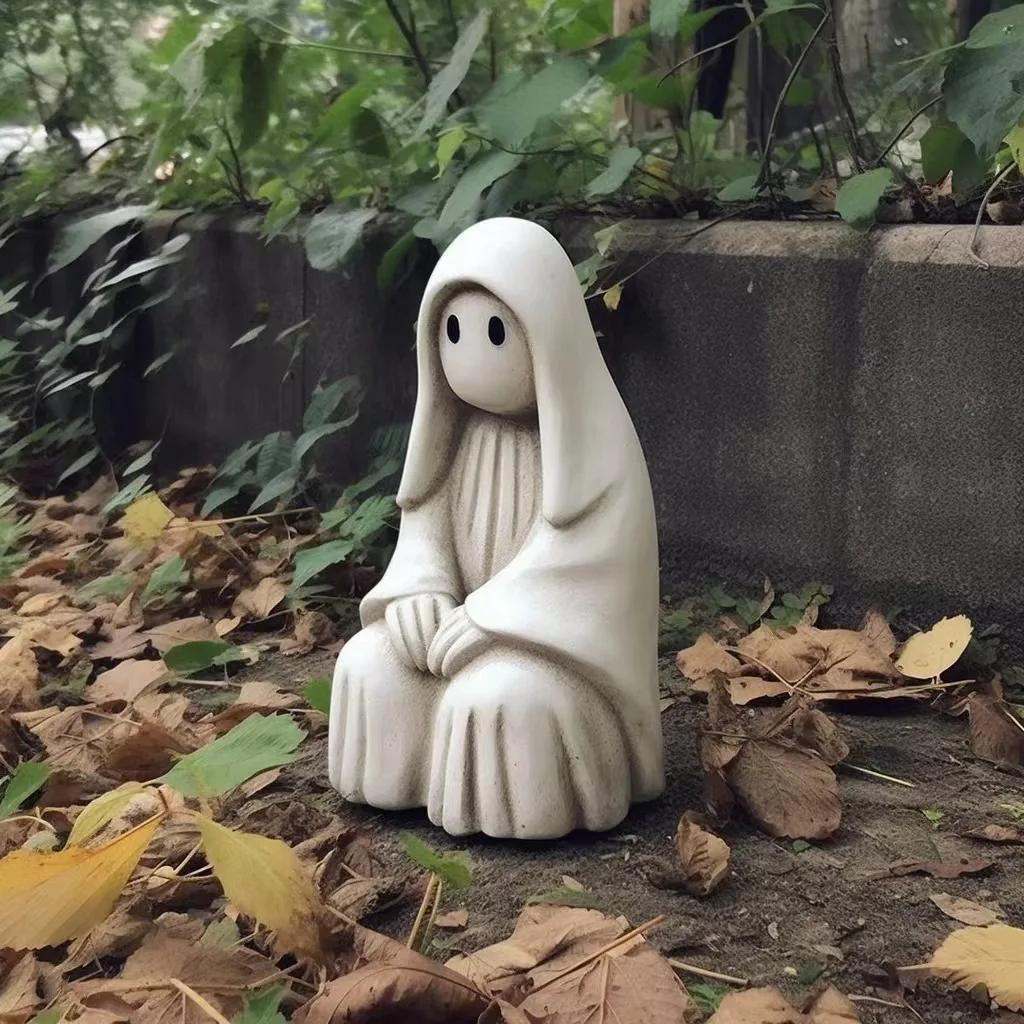 New Halloween White Clothed Ghost Garden Sculpture Outdoor Ghost Face Doll Decoration Cute Ghost Garden Decoration Resin Crafts