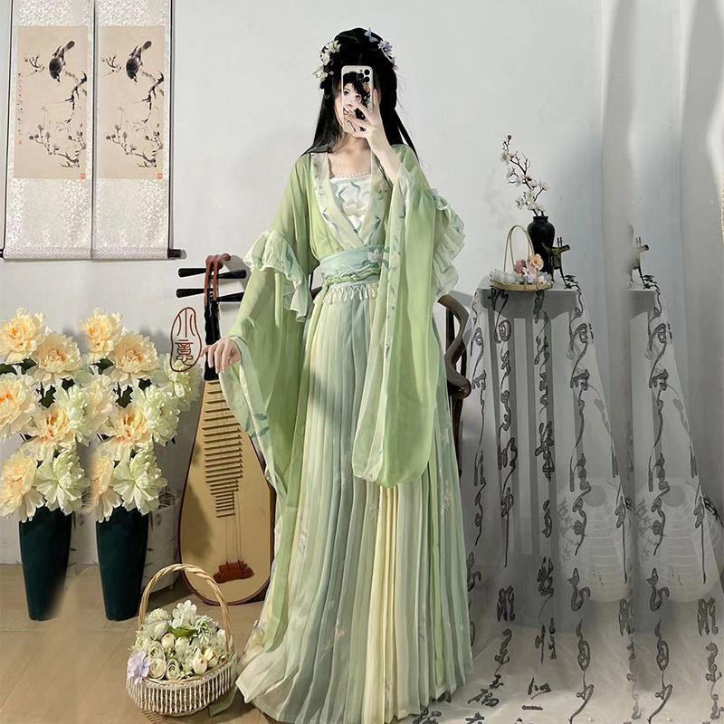 Chinese Wei And Jin Dynasties Style Hanfu Female Fairy Embroidery Full Set With Waist-length Sleeves