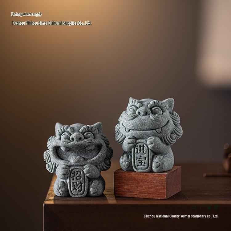 Chinese Stone Lion Pair Fengshiye Desktop Ornament & Bonsai Fish Tank Decoration