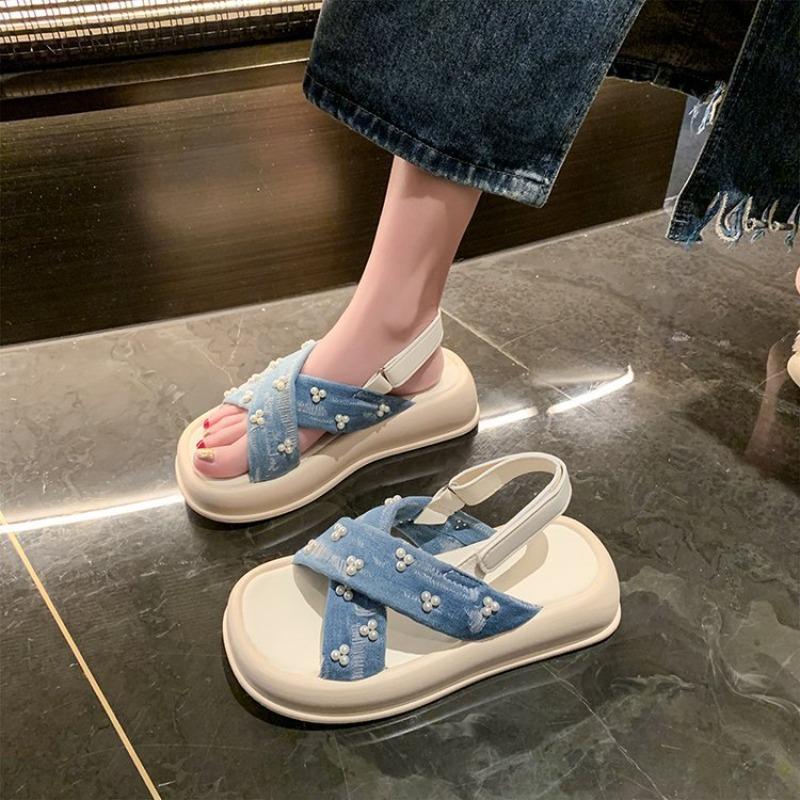 Summer Fashion Comfortable Round-toe Light Roman Beach Sandals Non-slip Thick-soled Sandals for Women Denim Pearl Flip-flops