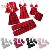 5 Pcs/Set Women Pajamas Suit Nightgown Nightdress Top Shorts Pants Set Silky Satin Lace Patchwork Loose Lace-up Waist Thin Women Homewear Set