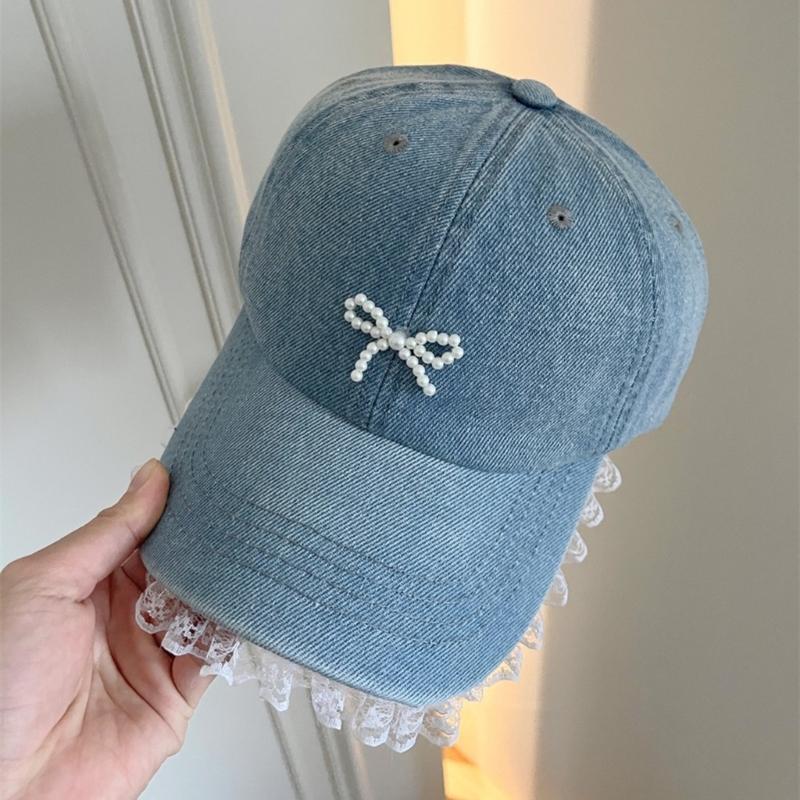 Stylish Women Fabric Baseball Hat with 3D Pearls Bowknot and Lace Trim for Outdoor Sports Activity Breathable Headwear