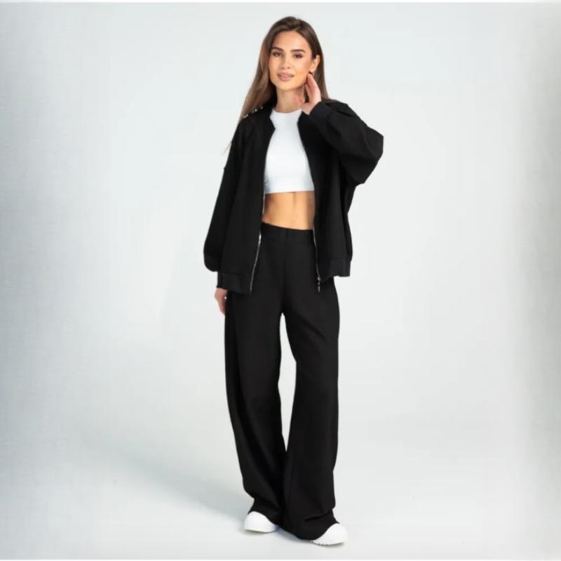 Women's Autumn 2-Piece Sportswear Set - Casual Long Sleeve Zip-Up Baseball Jacket & Solid Color Trousers