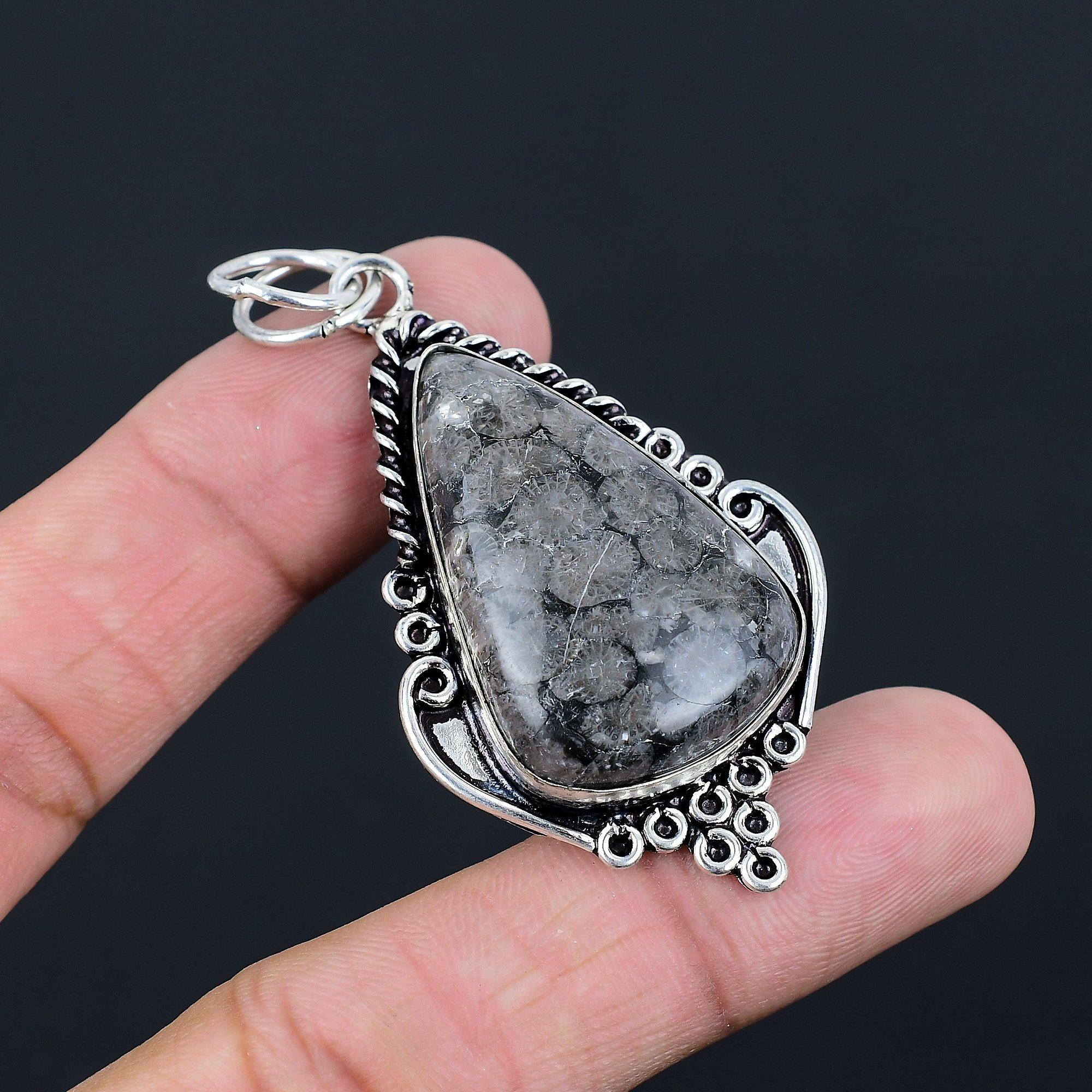 Root Chakra Black Fossil Coral Stone 925 Silver Bezel Wedding Mother New Pendant