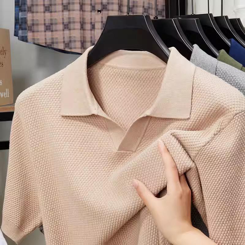 Men Short Sleeve Knit Polo Shirt Honeycomb Texture Casual V-Neck Top