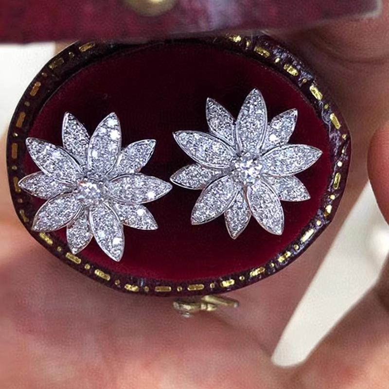 Aesthetic Flower Stud Earrings Full Paved Cubic Zircon Sparkling Ear Piercing Accessories for Women Wedding Party Jewelry