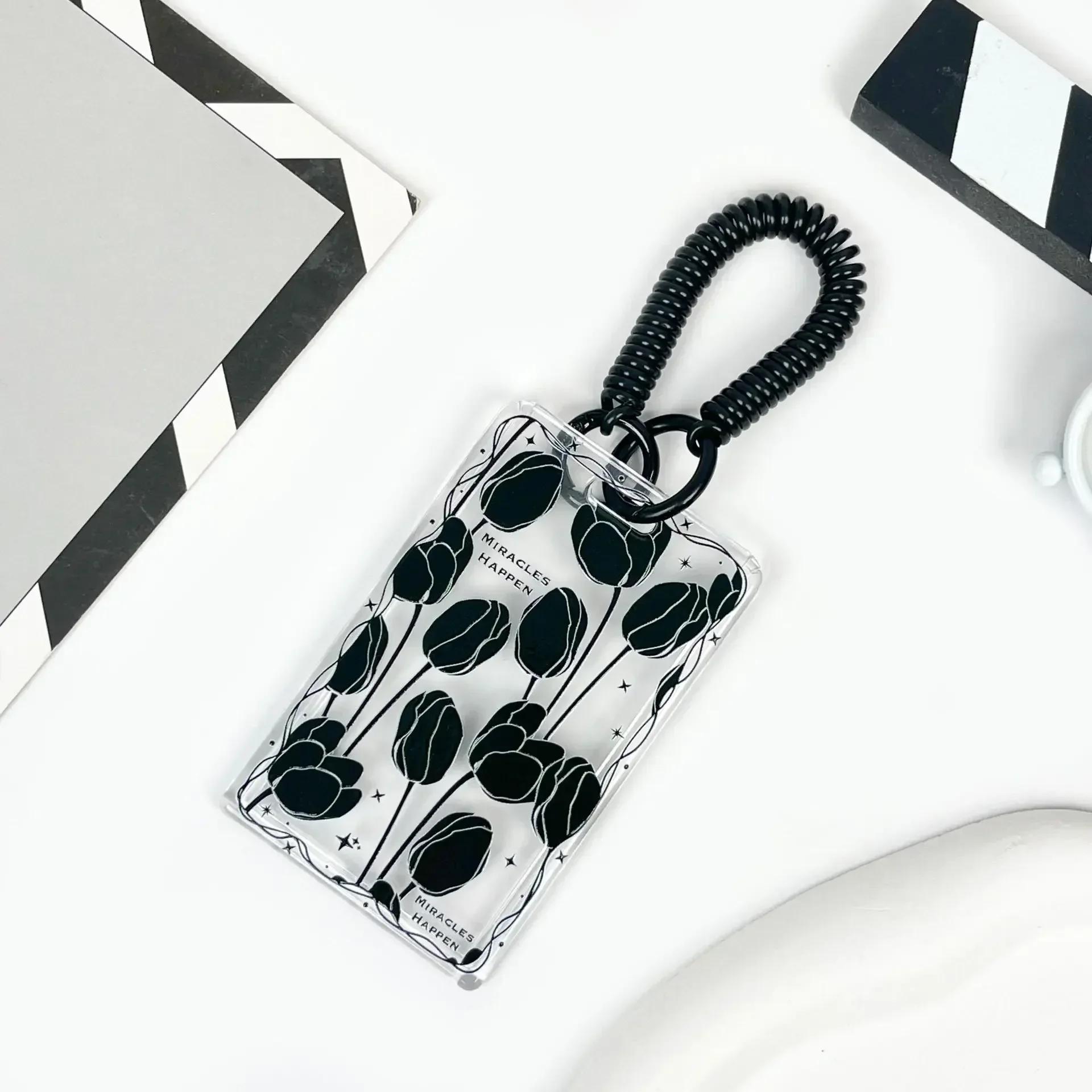 

Чехол для карт с черным цветком, прозрачный держатель для студенческой карты, чехол для карты контроля доступа, чехол для карты на пружине, держатель для удостоверения личности