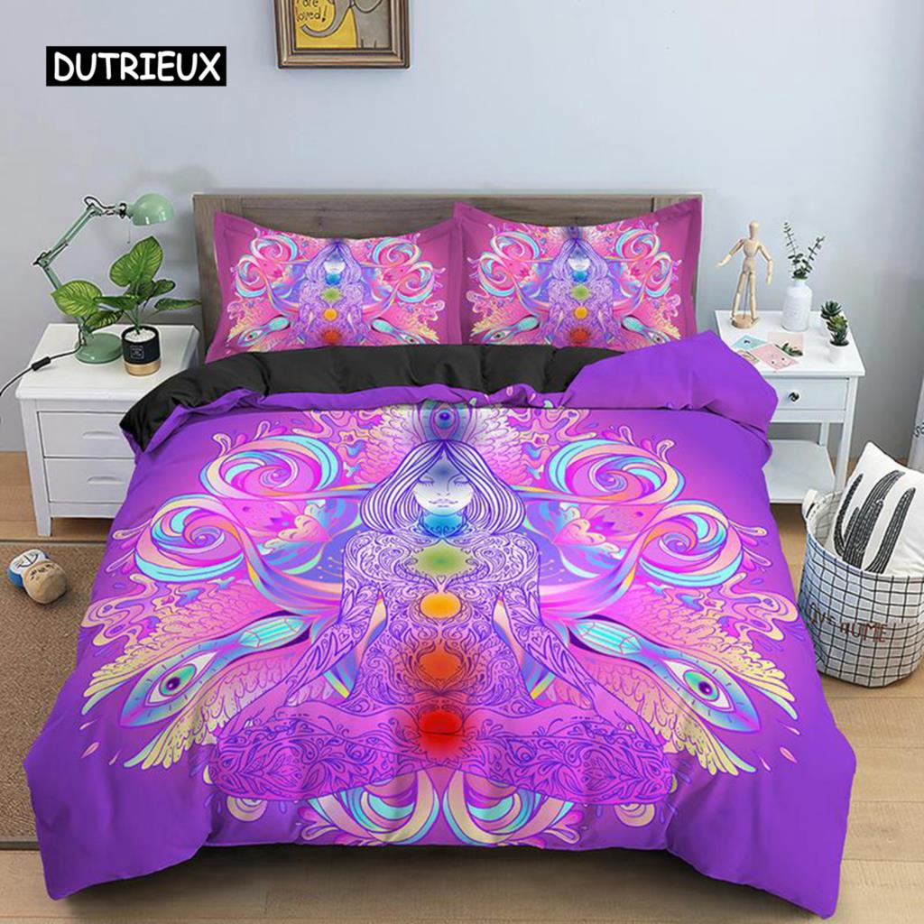 Yoga Bettbezug King Queen Chakra Meditation Bettwäsche Set Blau Mandala Boho Hippie Stil mit Chakra Art Polyester Quilt Cover