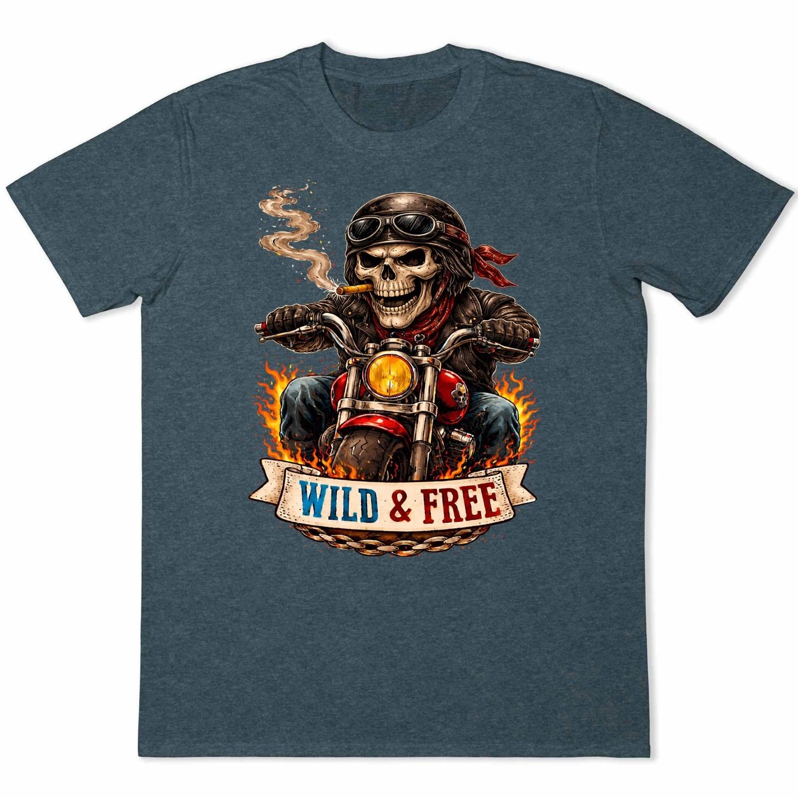 Wild And Free Skull Biker Motorcycle Graphic T Shirt Rebel Rider Chopper Tee XS