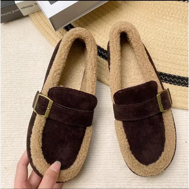 

Носить теплые женские новые туфли Doudou на плоской подошве, зимний бархат и одна педаль, ретро толстые хлопковые туфли для женщин 40 темно-коричневого