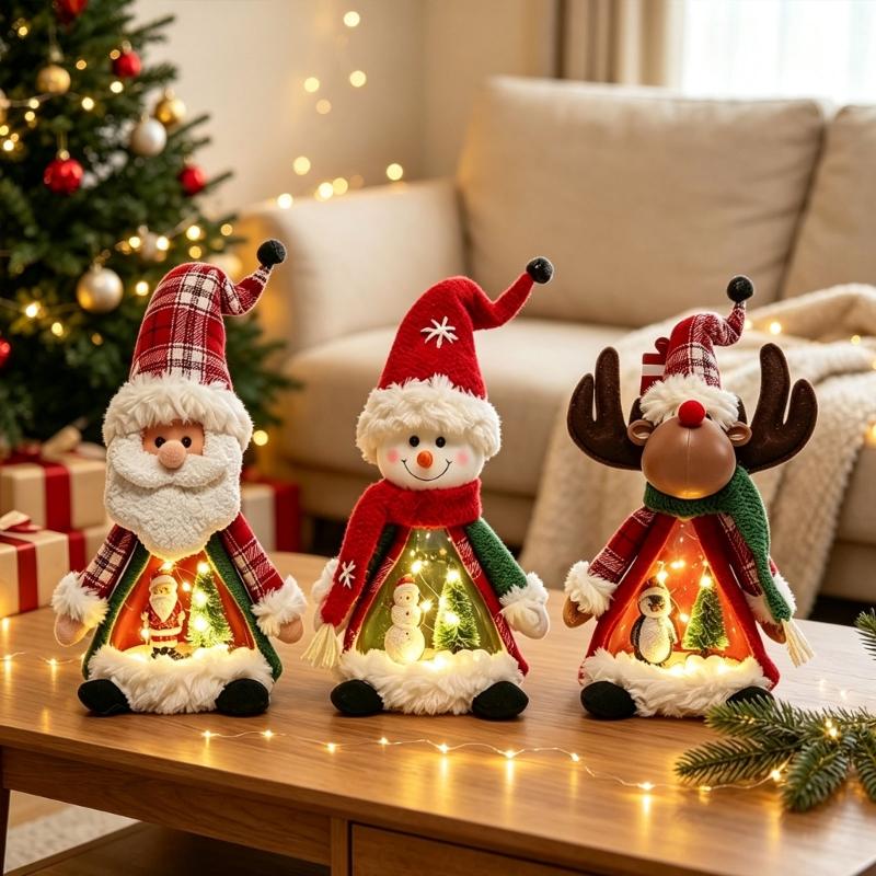 Holiday Display Figurine With Warm LED Glowing, Soft Fabric Christmas Tabletop Decors, Santa Snowman Deer Doll for Shelves, Mantels, and Counters