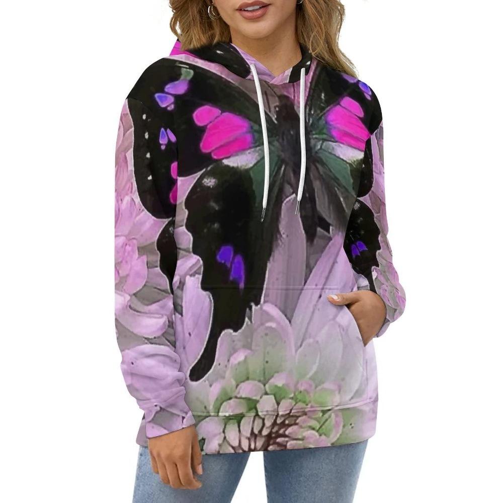 2025 Women's Tops Autumn and Winter Hoodies Ladies Loose Floral Butterfly Print 3d Print Fashion Casual Pullover Hoodies