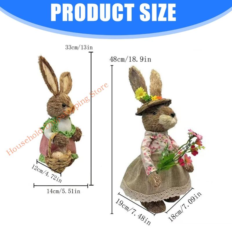 Easter Rabbit Figurine Decoration Handmade Natural Grass Woven Rabbit Ornament for Mantel Patios Festival Decoration