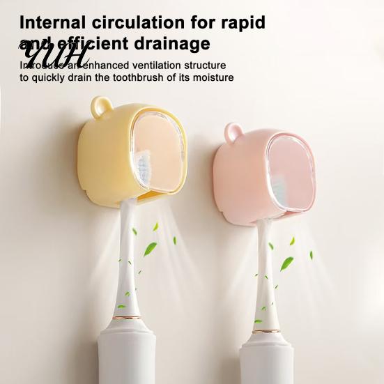 Space Saving Toothbrush Case Cute Bear Wall Mounted Holder with Dustproof Flip Cover, Single Hygienic Brush Protector Dispenser Storage Organizer,