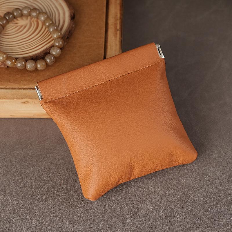 Genuine Leather Coin Purse with Alloy Spring Clip and Kiss Lock for Keys, Earphones, or Jewelry Storage