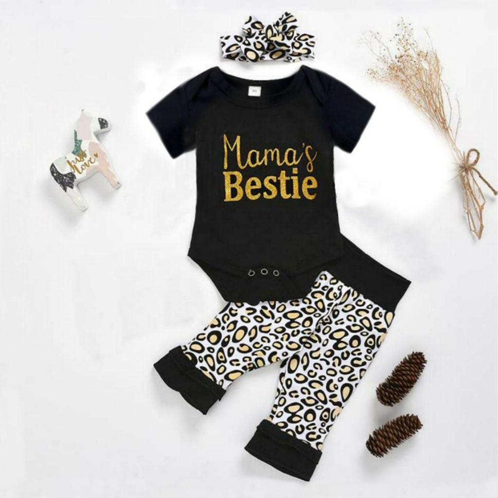 

(SU)Toddler Kids Baby Girls Letter Romper Bodysuit Leopard Pants Headbands Outfits