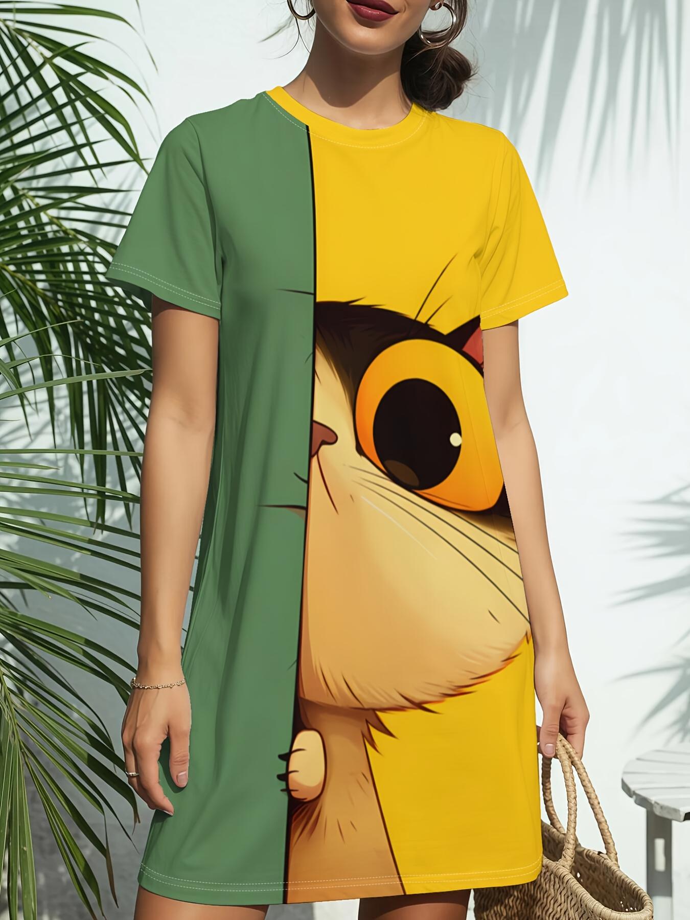 

Cat Peeking Art Print New Women S Round Neck Short Sleeve T-Shirt Dress. American Style Trendy Digital Print. Versatile for Spring And Summer Casual W XS дубильная кора