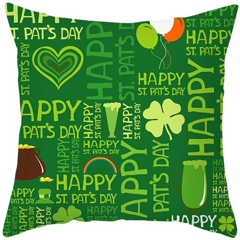 St. Patrick'S Day Pillow Case Green Cartoon Letter Four-Leaf Clover Sofa Cushion Cover Ireland National Day Pillow Cover