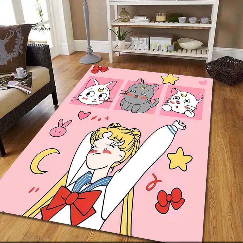 Sailor Moon Flannel Pattern Square Carpet,Area Rug,Carpet Rug for Living Room Bedroom Sofa Playroom Decor,Non-slip Floor Mat