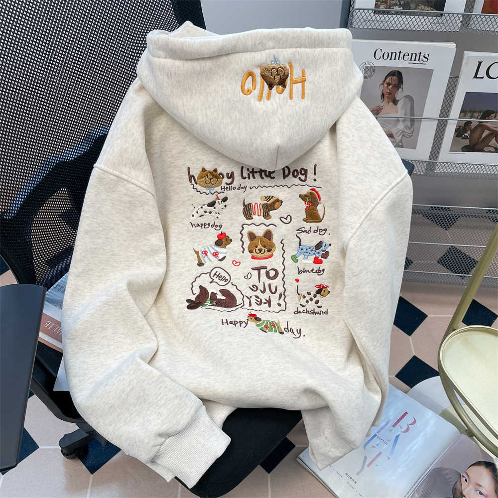 Dog Head Illustration Printing Hoodies Womens Winter Fleece Warm Sweatshirt Basics Loose Pullover Casual Pocket Woman Clothes