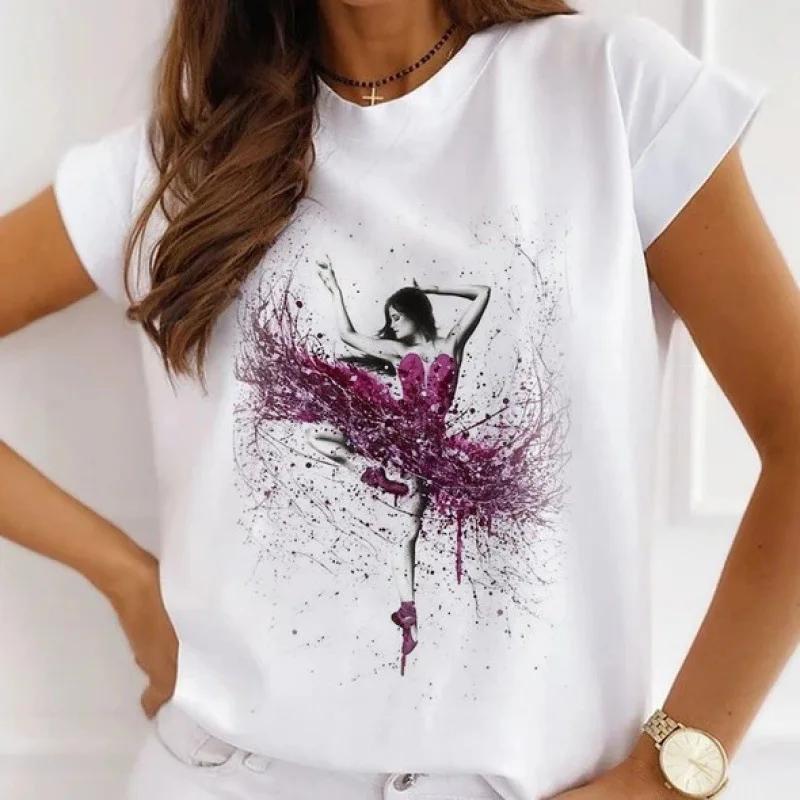 Stylish African Womens Watercolor Ballerina Girl Cute Cartoon Short Sleeve Tshirt Summer Tops Vintage Clothes Oversized Tee