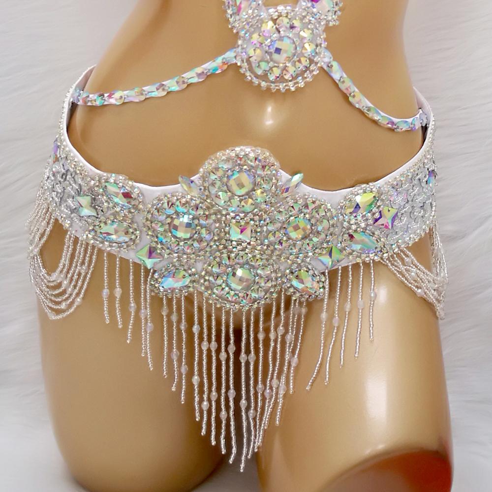 Hot Sale Women's Beaded Crystal Belly Dance Costume Wear Bra+Belt+Necklace 3pc Set Sexy Bellydancing Costumes Clothes