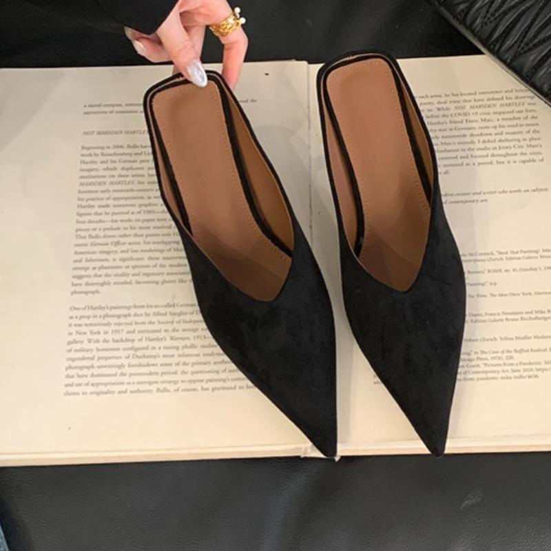 Fashion Women Suede Pointed Toe Mid Heels Slippers Fashion Heeled Shoes Summer Slingback Sandalas 2025 Pumps Designer Sandalias Mujer