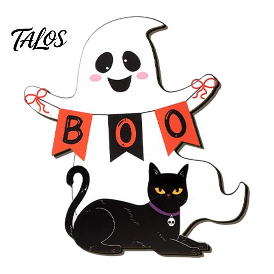 Spooky Party Decorations Black Cat Ghost Door Sign, Halloween Decorative Plaque, Wooden Hanging Plaque Vintage Rustic Decor with Jute Rope,
