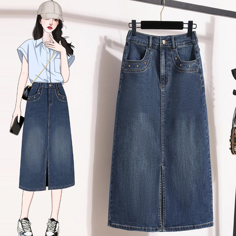 Spring Plus-Size High Waist Slit Denim Midi Skirt - A-Line Elastic Fit 4XL