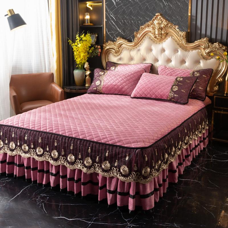 Winter Crystal Velvet Single-piece Padded Lace Bed Skirt Thickened Thermal Mattress Cover Mattress Cover Non-slip Bed Cover Pad