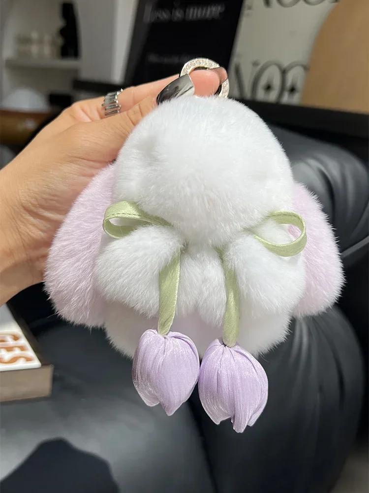 Cute Real Rex Rabbit Fur Keychain Mini Bunny Pendant Women Bag Charm Car Key Ring Ornaments Girl Plush Toy Trinkets Classic Gift