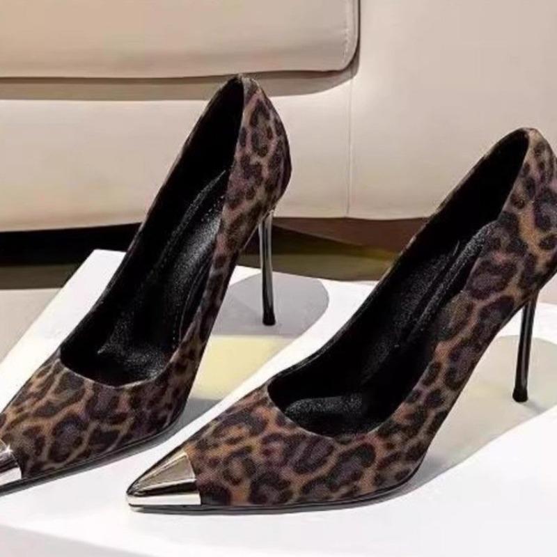 Fashion Women's Fashion Slim Heel Shoes Spring New Metal Pointed Suede Leopard Slip-on Non-slip High Heels