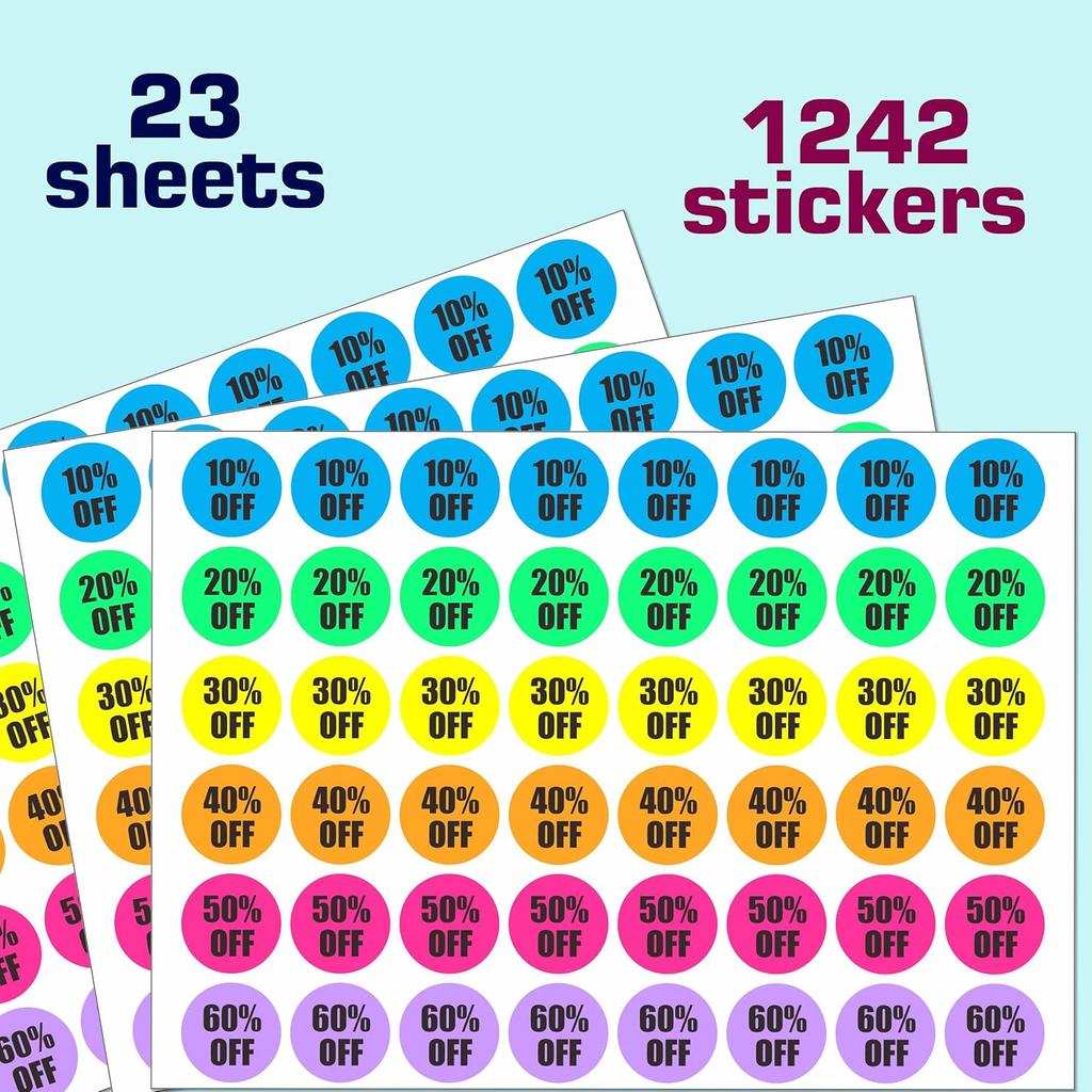 Percent Off Sticker 10 to 60 Sale Sticker for Retail Store 0.87 Inch(7/8 Inch) Circle Price Marker Tag Adhesive Labels Sale 6 Colored - 1240 PCS
