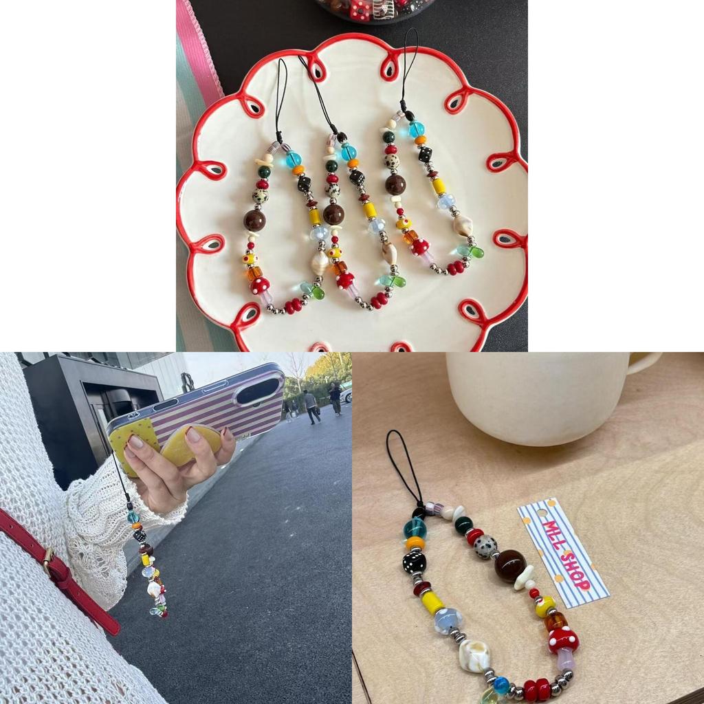 Laccetto per telefono a forma di fungo rosso stile fai da te con perline colorate per ragazze