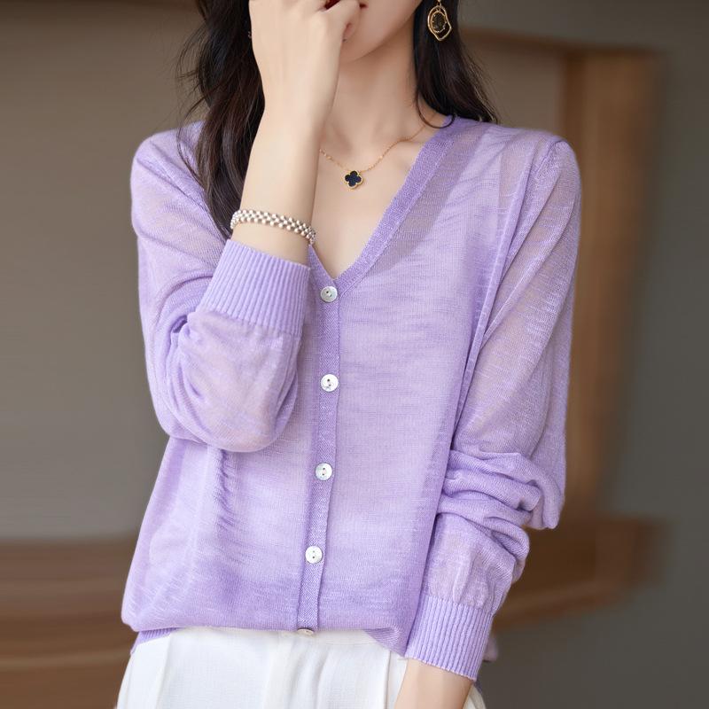Bamboo Joint Cotton V-neck Cardigan for Women for Summer Sweater Thin Loose and Versatile Sun Protection Simple and Atmospheric Top Jacket