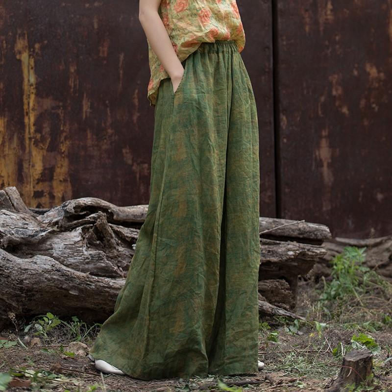 Womens Linen Blend Wide Leg Flowy Trousers Vintage Print High Waist Loose Fit Casual Pants
