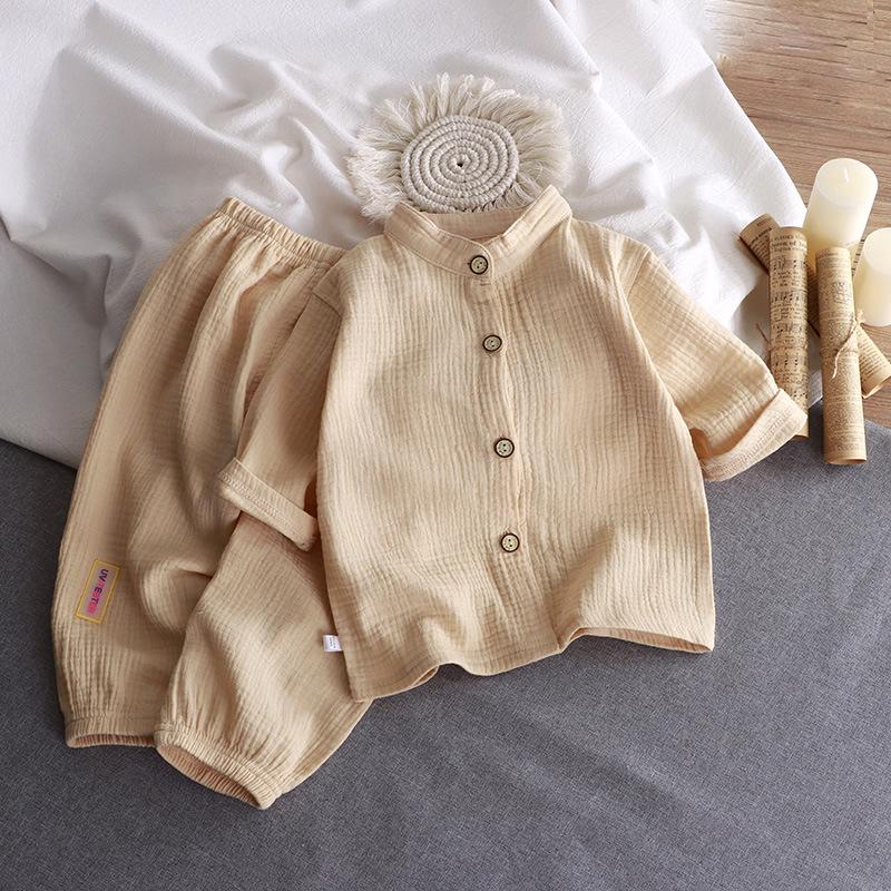 Kids' Stand Collar Cotton Gauze Summer Set - Lightweight Homewear for Boys & Girls
