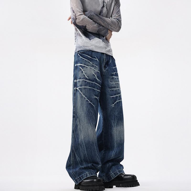 Retro Tie-dyeed Old Lightning Pattern Jeans Loose Wide-leg Floor Straight Pants