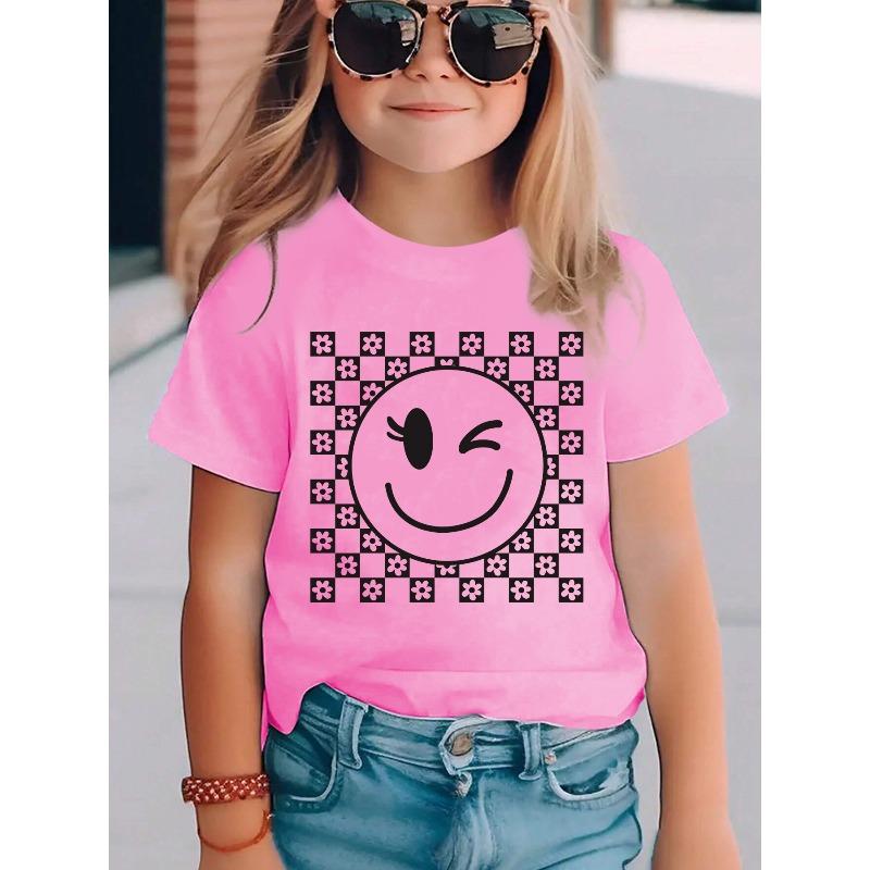 European sizes Joyful Face Print Girls' Short Sleeve T-Shirt | Summer Fashion Casual Versatile Top