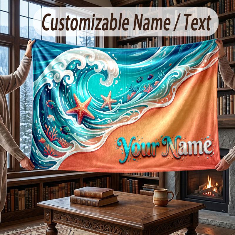 Octopus Sea Life Theme Throw Blanket Custom Name Text Personalized Blanket Soft Cozy Blanket for Home Sofa Bed