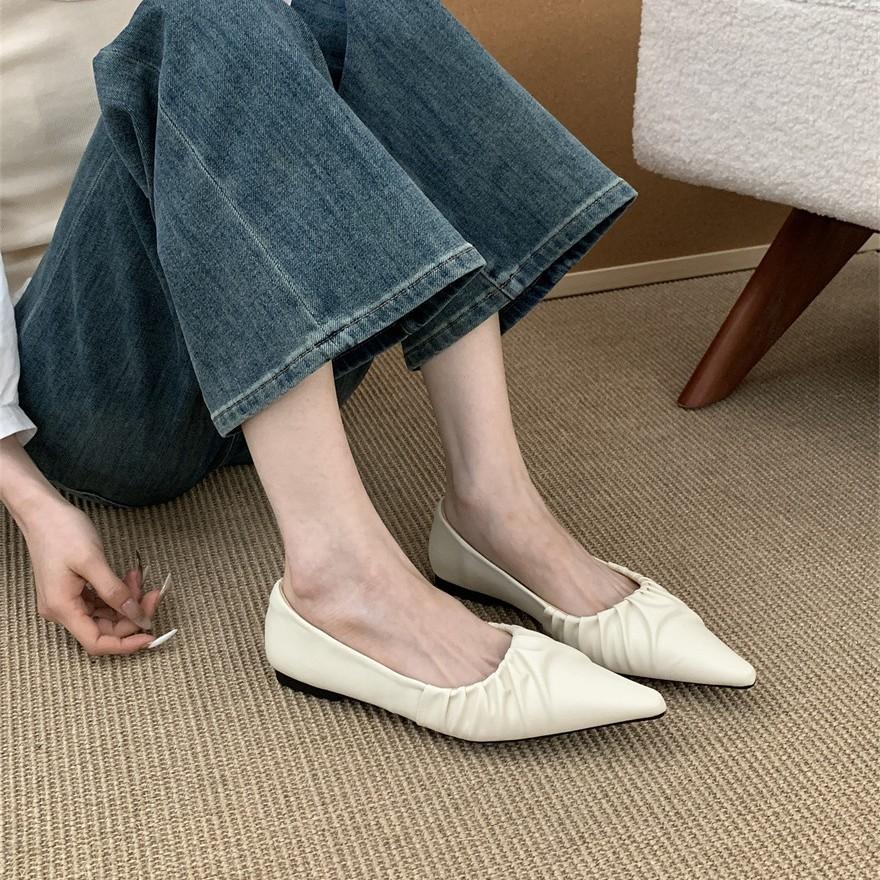 French pointed-tipped pleated soft-soled single shoes women's 2025 new niche evening evening breeze flat shoes soft-soled pregnant women's beanie shoe