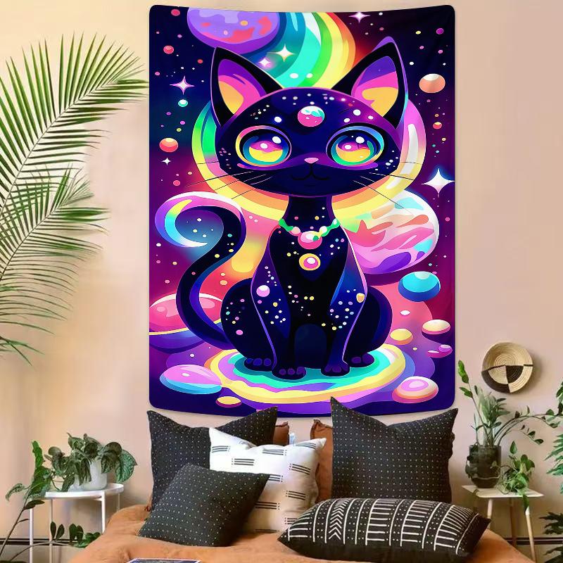 Starlight Spirit Cat Animation Digital Printing Polyester Wall Tapestry Suitable Use In Living Rooms Bedrooms Offices Bars Party