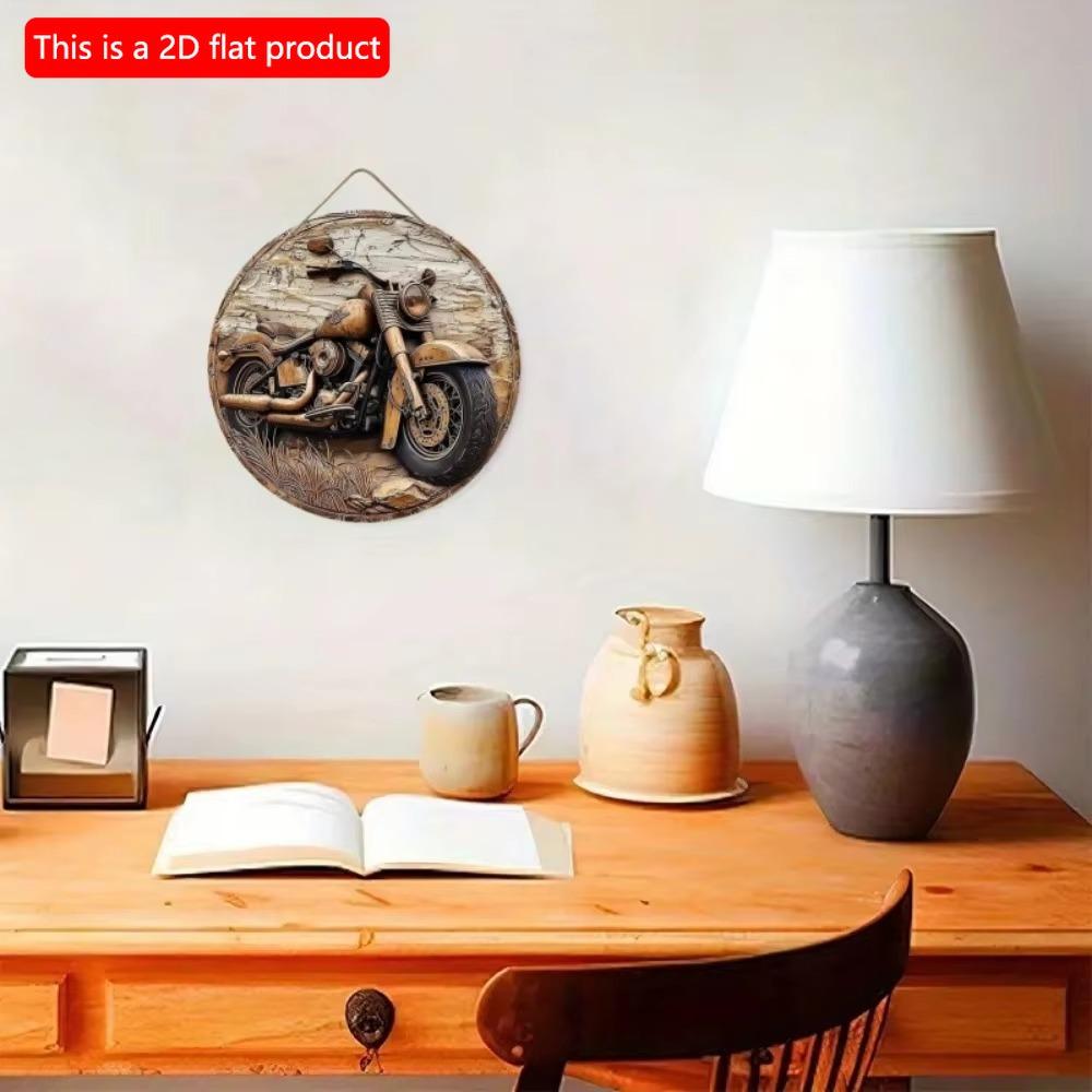 1pc 2d Flat Retro Motorcycle Circular Wooden Sign - 20cm, Suitable for Home Living Room, Bar, Caf É, Farmhouse Porch Decoration, Father's Day Gift