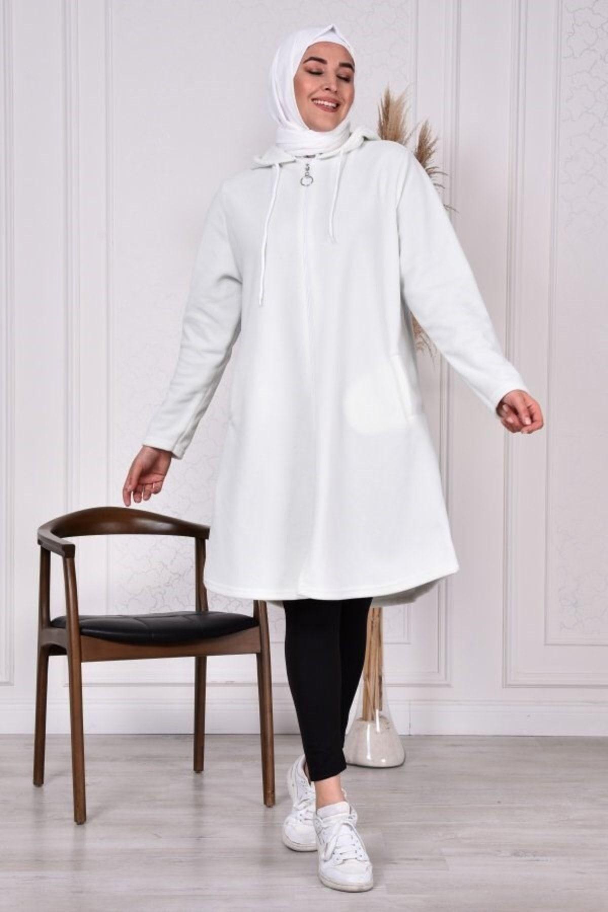 

Women s Style Plus Size Shirt Big Size Hooded Zippered Fleece Cap - Ecru 2XL