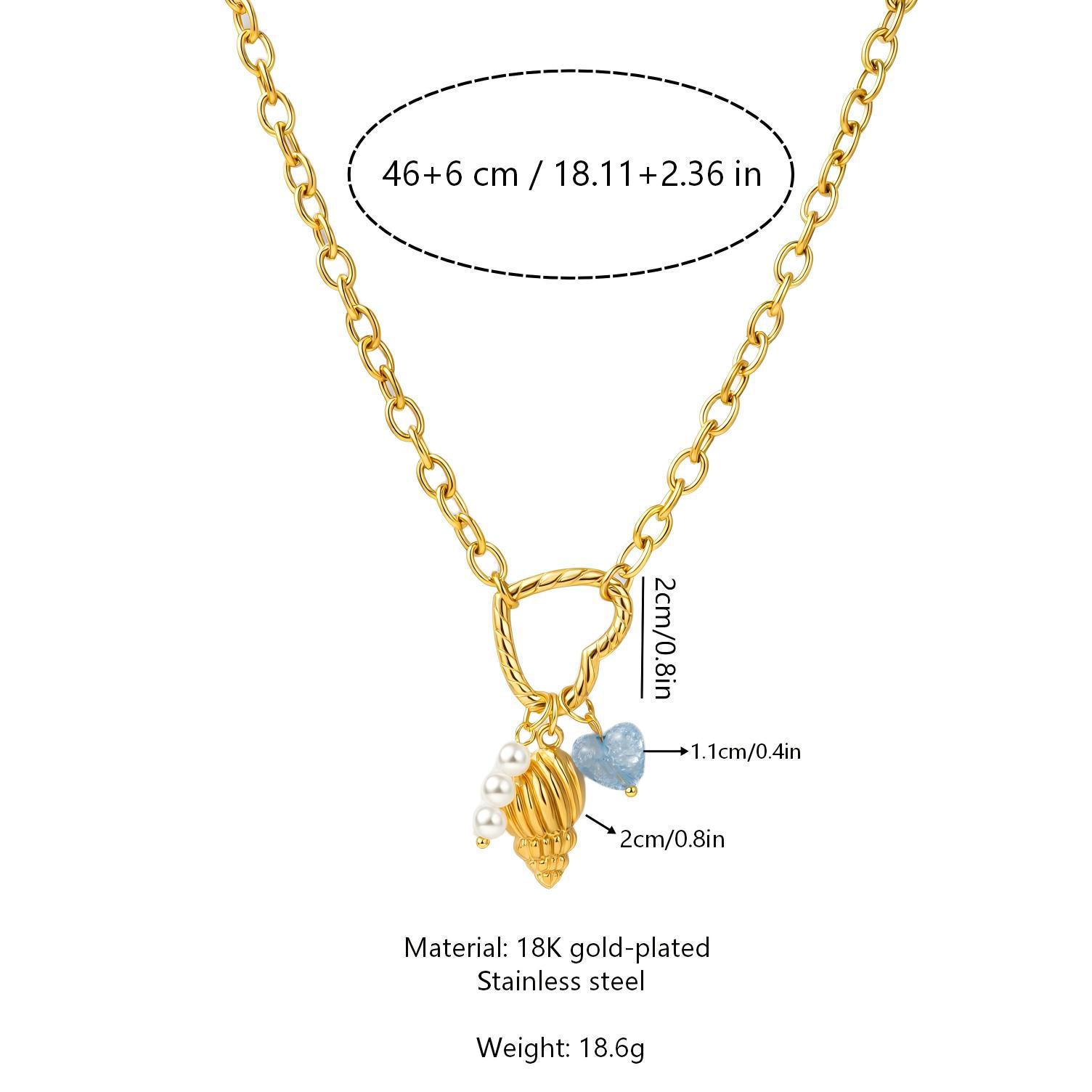 Gold Heart & Pearl Blue Pendant Necklace, 18K Gold Plated Stainless Steel 18K