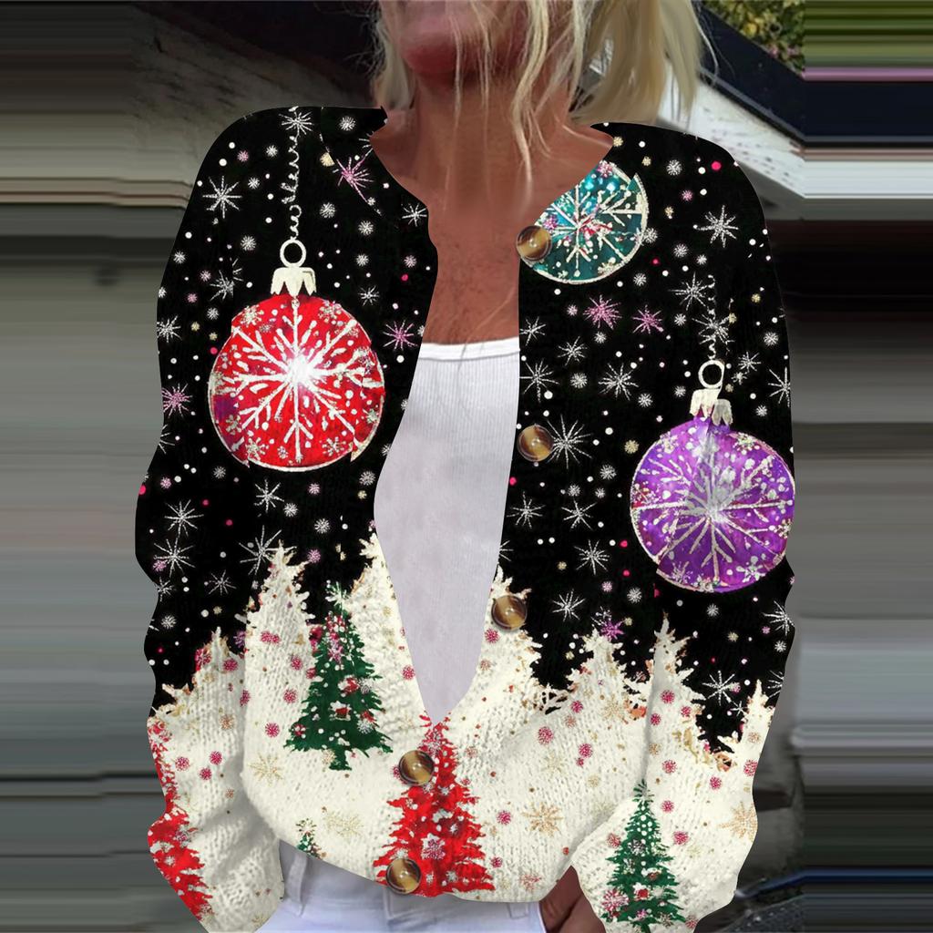 Women's Fashion Printed Long Sleeve Knitted Cardigan Button Down Jacket