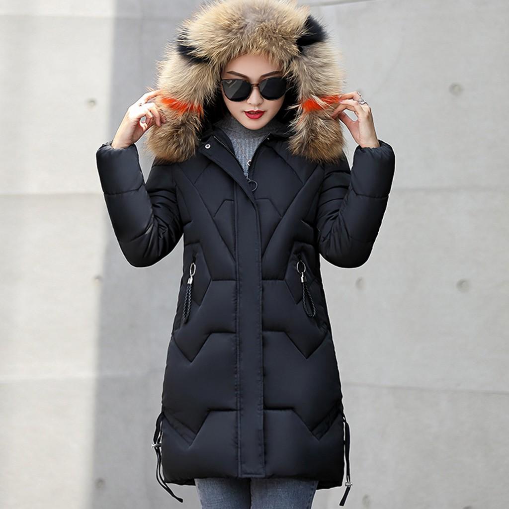 Women's Fashion Big Hair Collar Slim Waist Long Down Cotton Jacket Cotton Coat